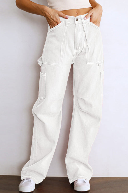 High Waist Straight Leg Cargo Pants with Pockets